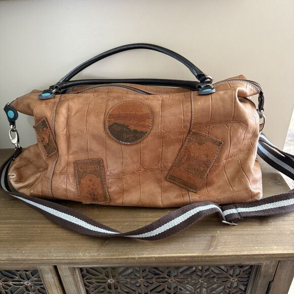 Gabs Italy Burnt Orange Textured Leather Satchel World Travel Stamp Brown Bag - Picture 2 of 8